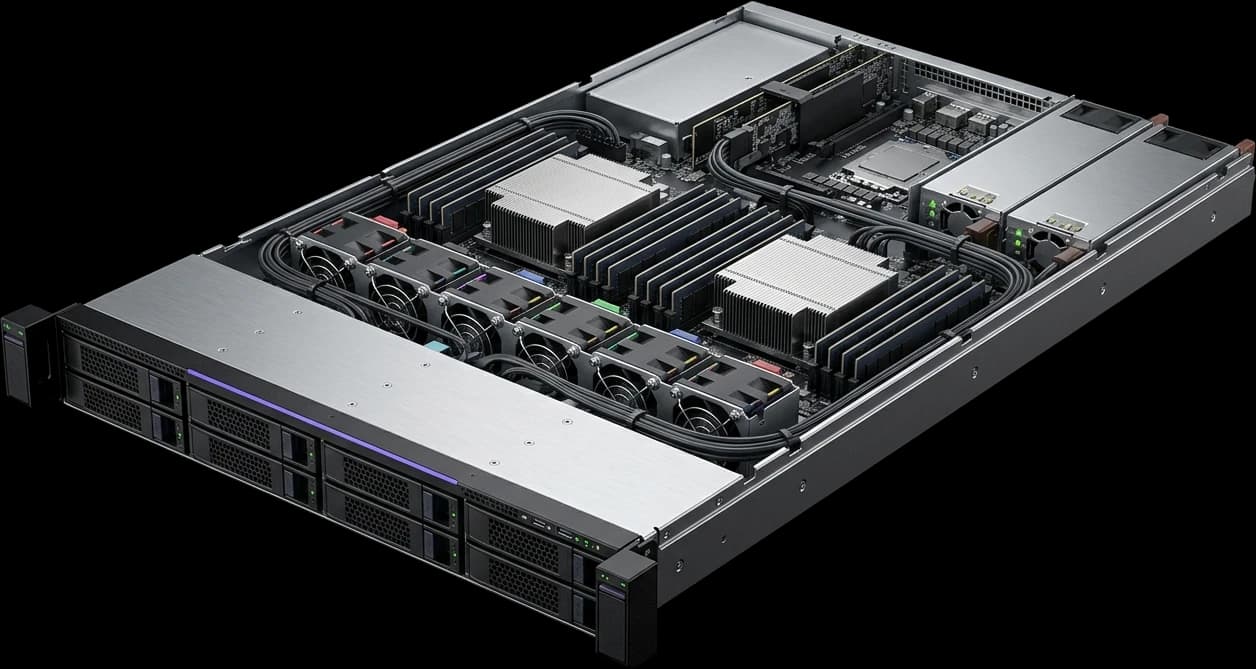 Serveur rack 2U ouvert : deux processeurs AMD EPYC, mémoire, ventilation et disques NVMe
