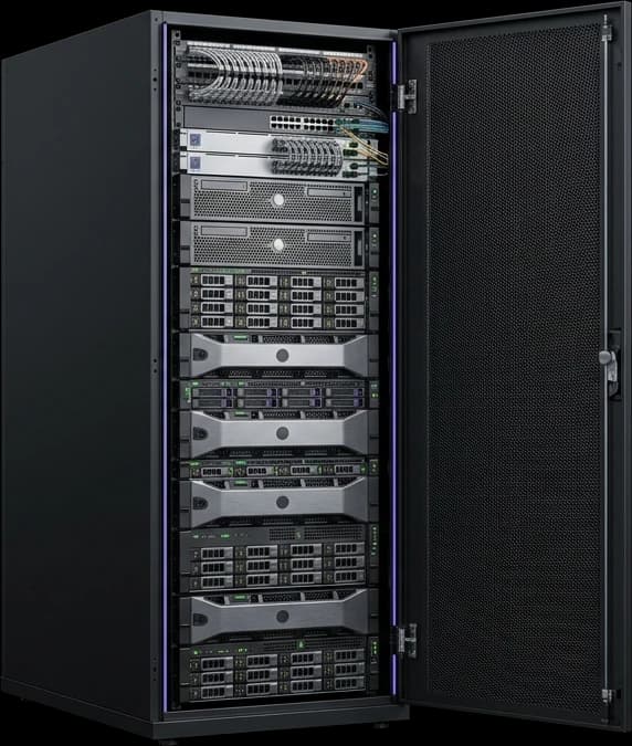 Baie de datacenter 42U ouverte remplie de serveurs rack