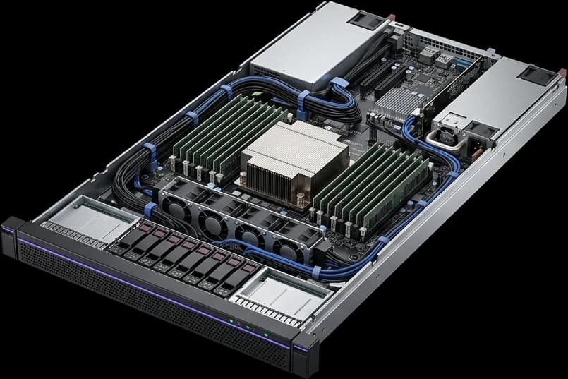 Serveur rack 1U ouvert : processeur AMD EPYC, mémoire et disques NVMe