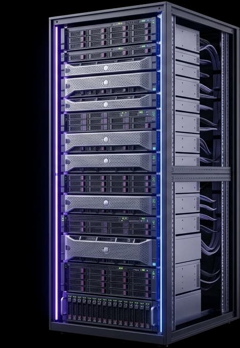 Baie de serveurs rack éclairée en violet