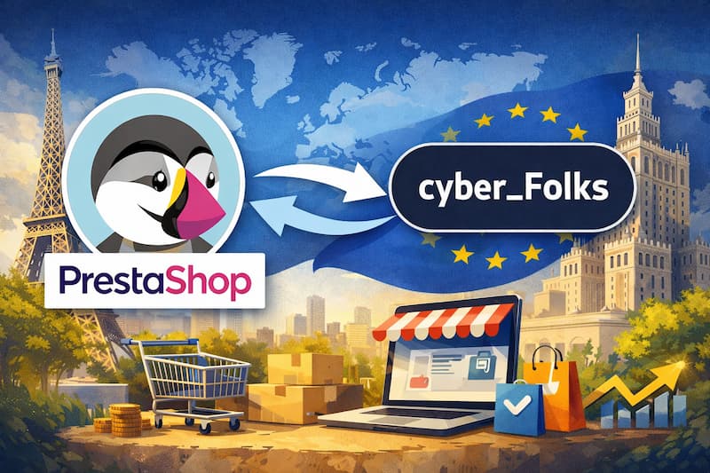 Illustration du rachat de PrestaShop par cyber_Folks et de ses impacts sur l’e-commerce européen